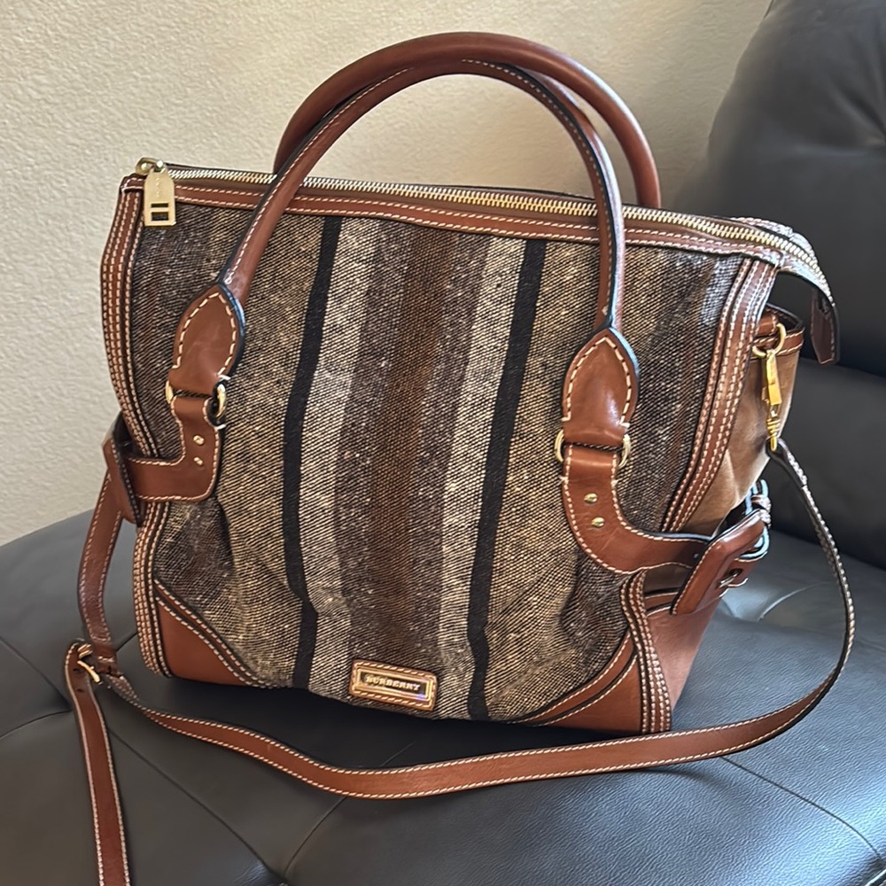 Authentic Burberry Brown and Tan Striped Women's Bag